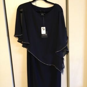 Joseph Ribcoff Embellished Navy Sheath With Asymmetrical Chiffon Overlay Size 10